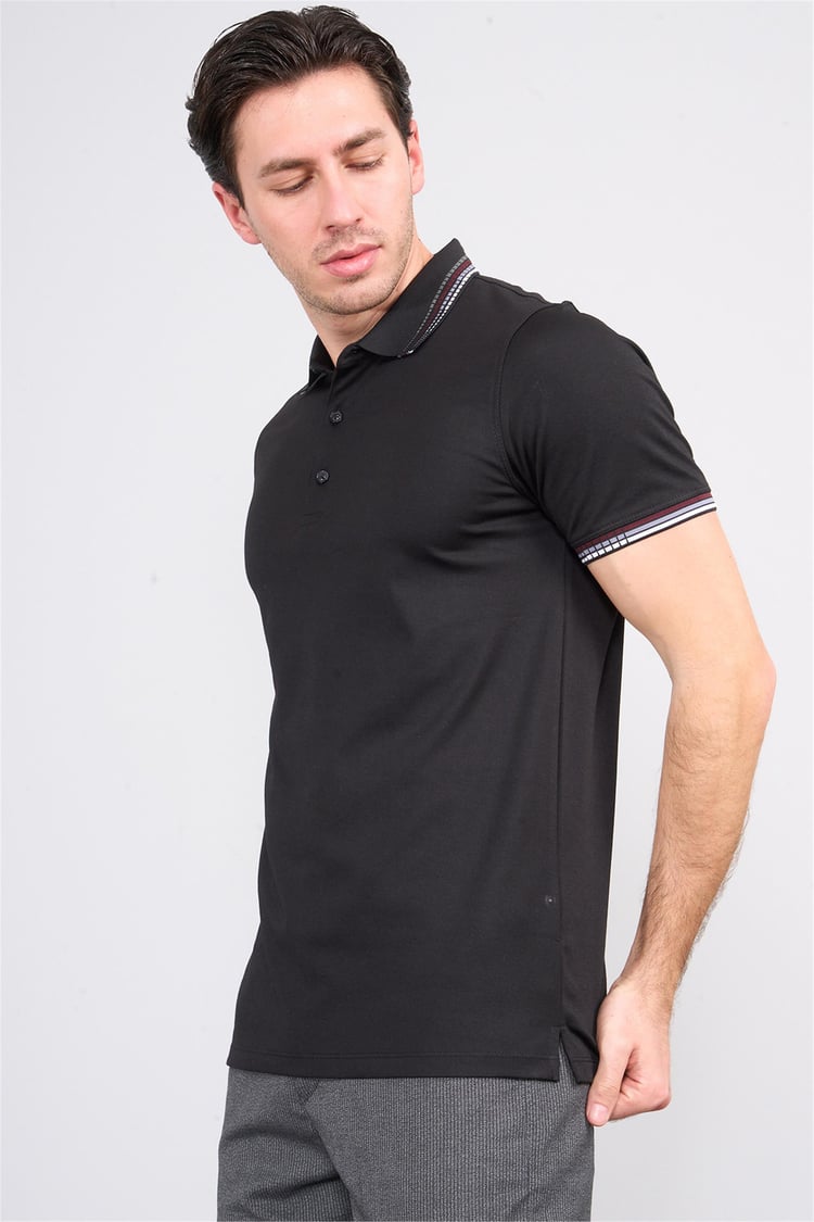 Halifaks Siyah Erkek 12637 Düğmelı Kuşaklı Polo Kısa Kol Etek Recme Interlokok T-Shirt