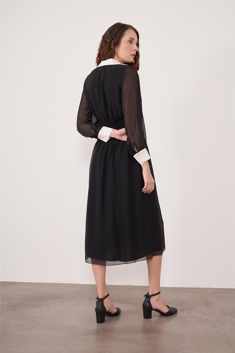 Helly Be-9044 Siyah-Beyaz Kadın Yakalı Elbise
