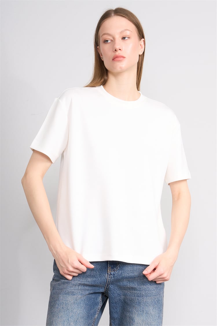 Helly Y26 Mb-5620 Ekru Kadın Bisiklet Yaka Tişört S-Xl