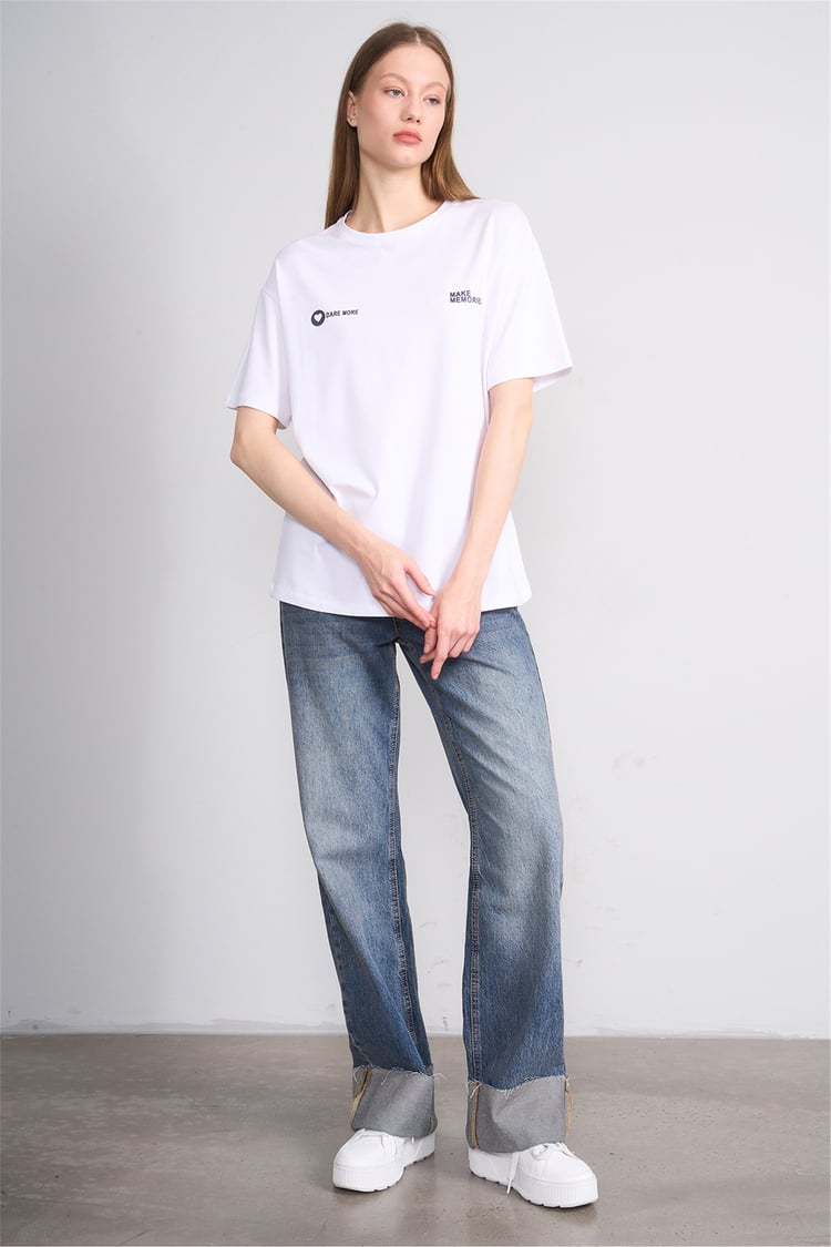 Helly Y26 Mb-7897 Ekru Kadın Yazılı T-Shirt S-Xl