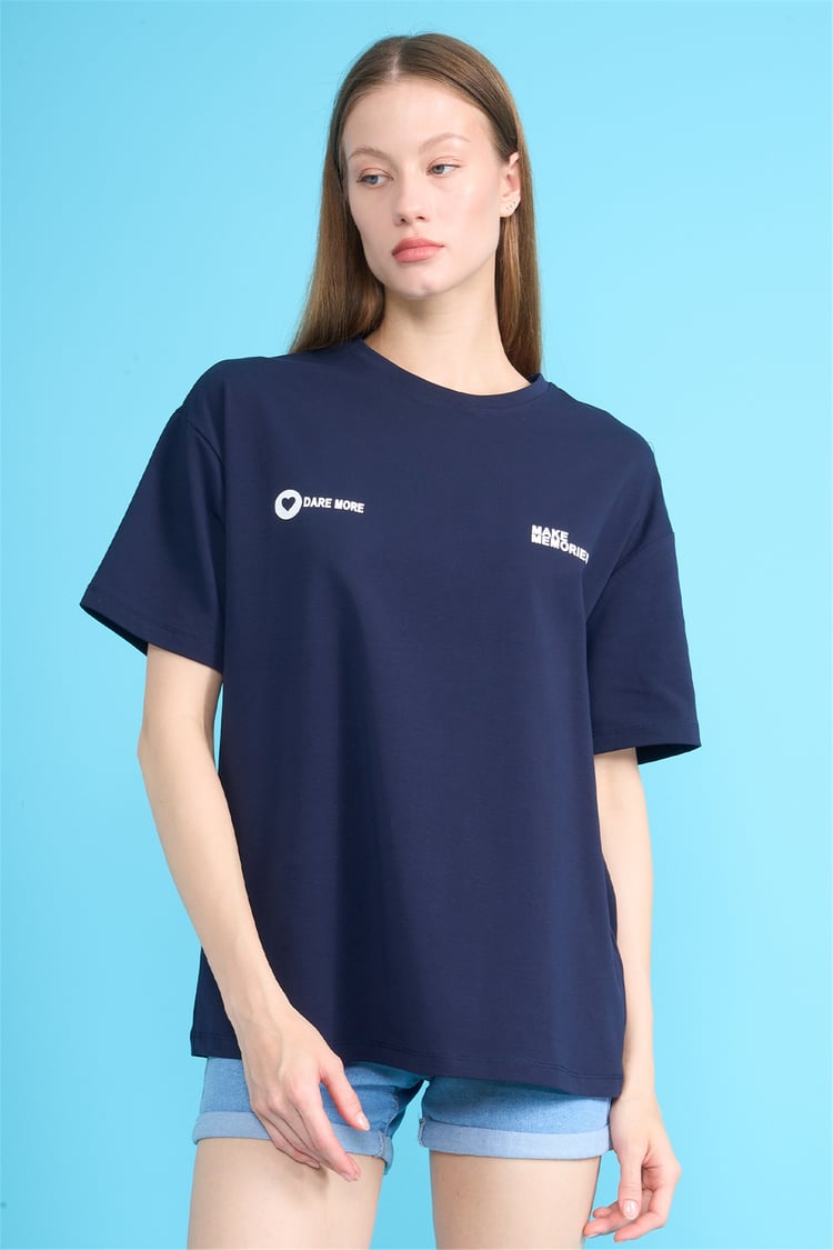 Helly Y26 Mb-7897 Lacivert Kadın Yazılı T-Shirt S-Xl