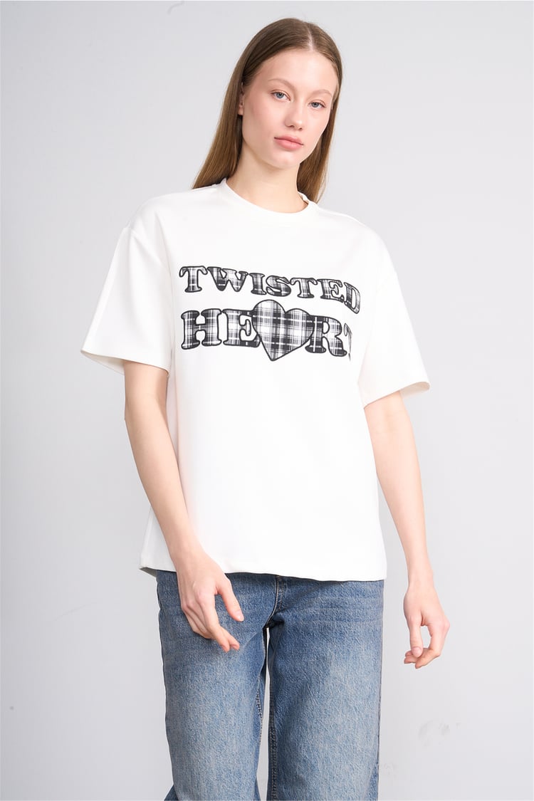 Helly Y26 Mb-8457 Ekru Kadın Yazılı T-Shirt S-Xl