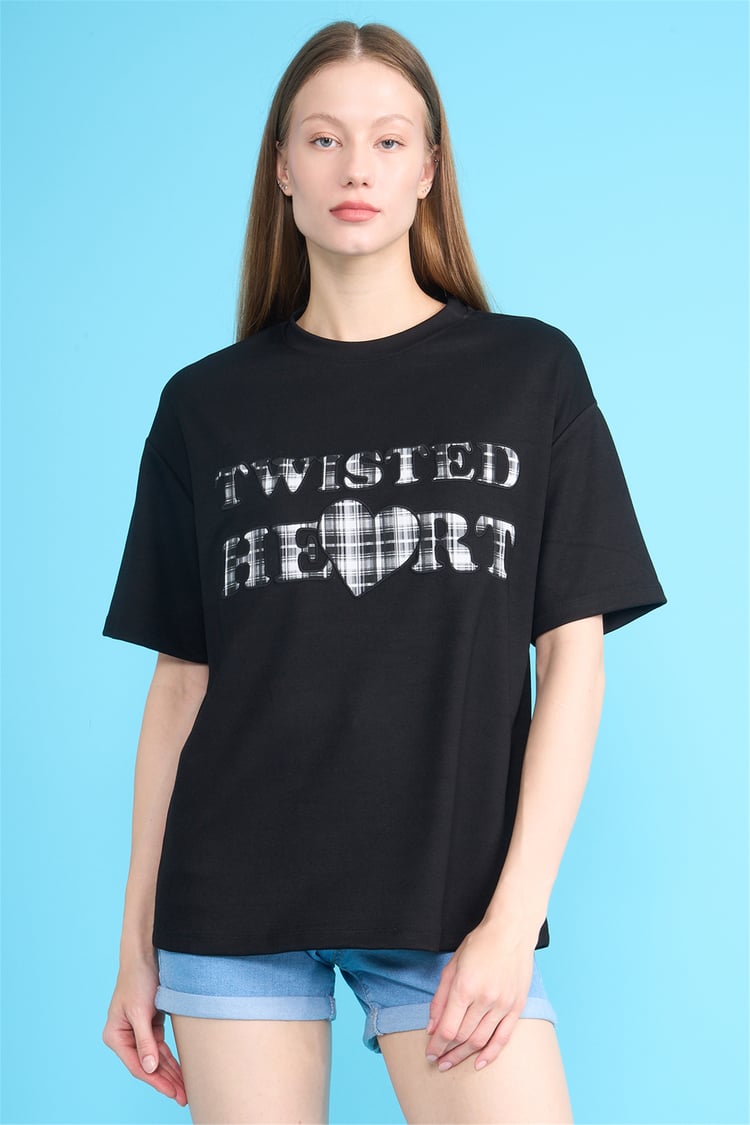Helly Y26 Mb-8457 Siyah Kadın Yazılı T-Shirt S-Xl