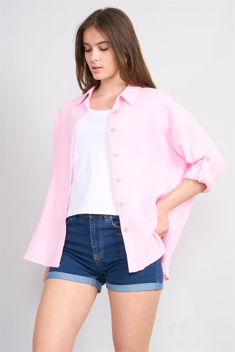 Hisset Y26 Gt1024 Pembe Kadın Müslin Arkası Pileli Gömlek 38-44