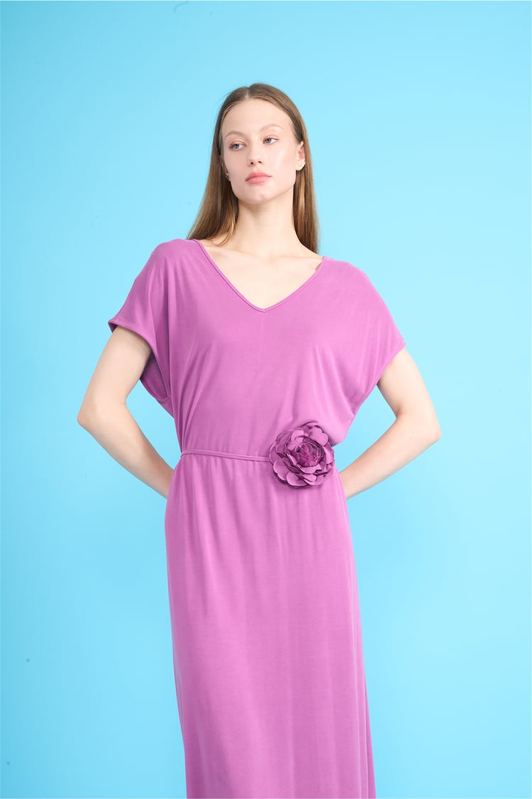 İkoll 1004710 939 Violet Gul Kemerli Modal Elbise