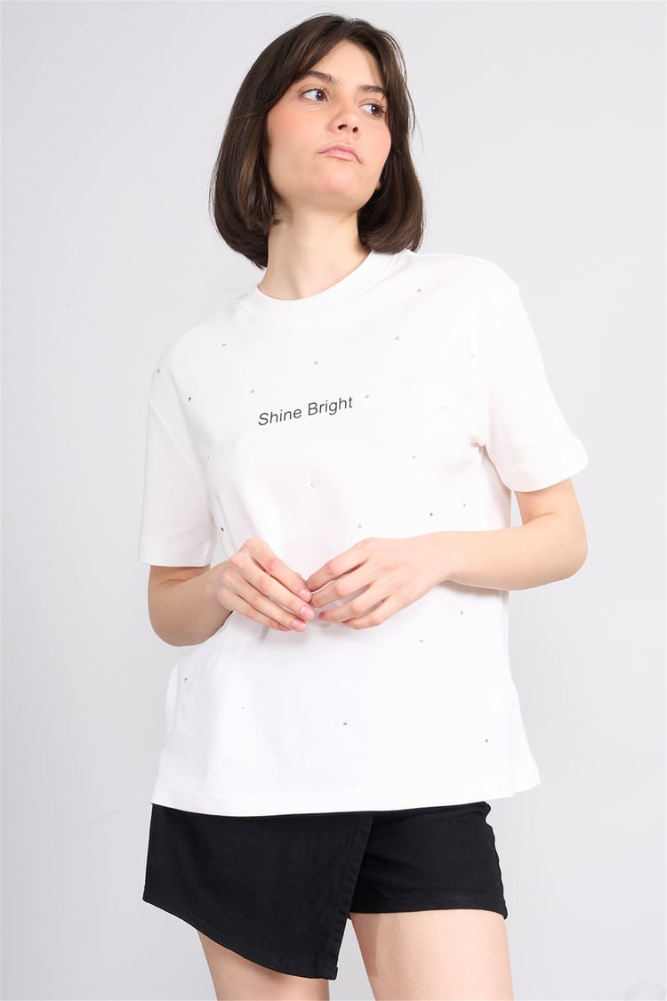 İkoll 1005112 007 Ekru Kabartma Baskı Interlok T-Shirt
