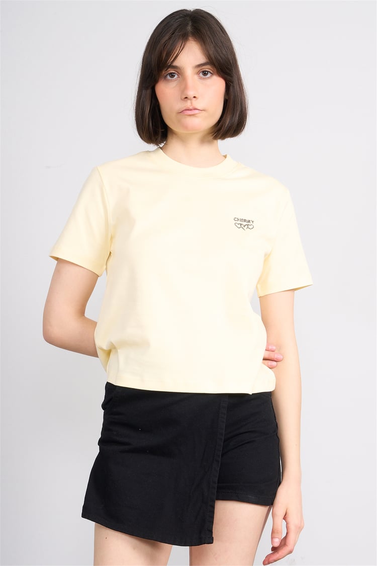 İkoll 1005114 008 Sarı Kalp Taşlı T-Shirt
