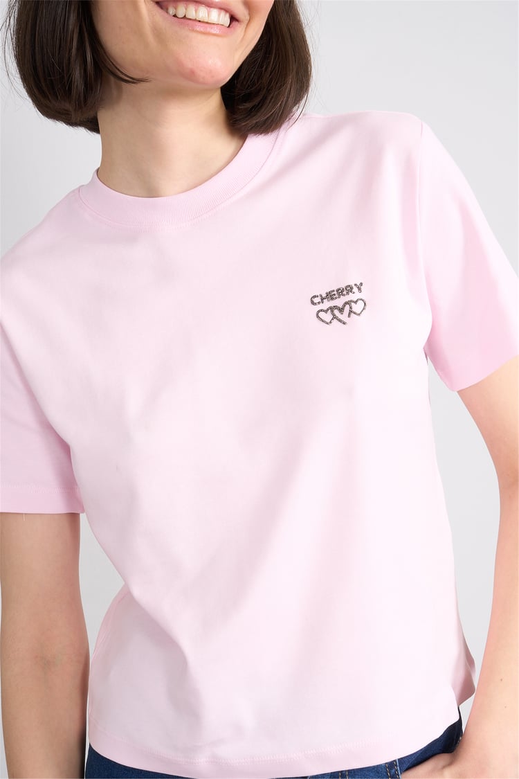 İkoll 1005114 025 Pembe Kalp Taşlı T-Shirt