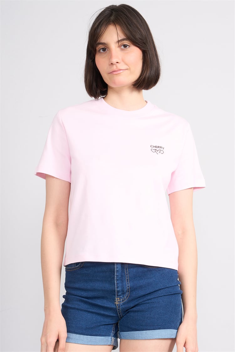İkoll 1005114 025 Pembe Kalp Taşlı T-Shirt