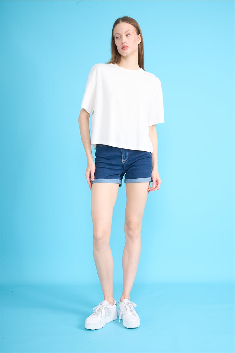 Ikoll Y26 1004503 Ekru Kadın Basic Crop T-shirt