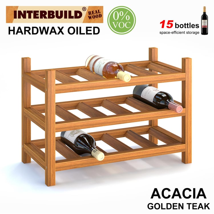 İnterbuild Masif Akasya Ağaç Şarap Rafı 3 Katlı 15 Şişelik (Altın Tik) - 671578