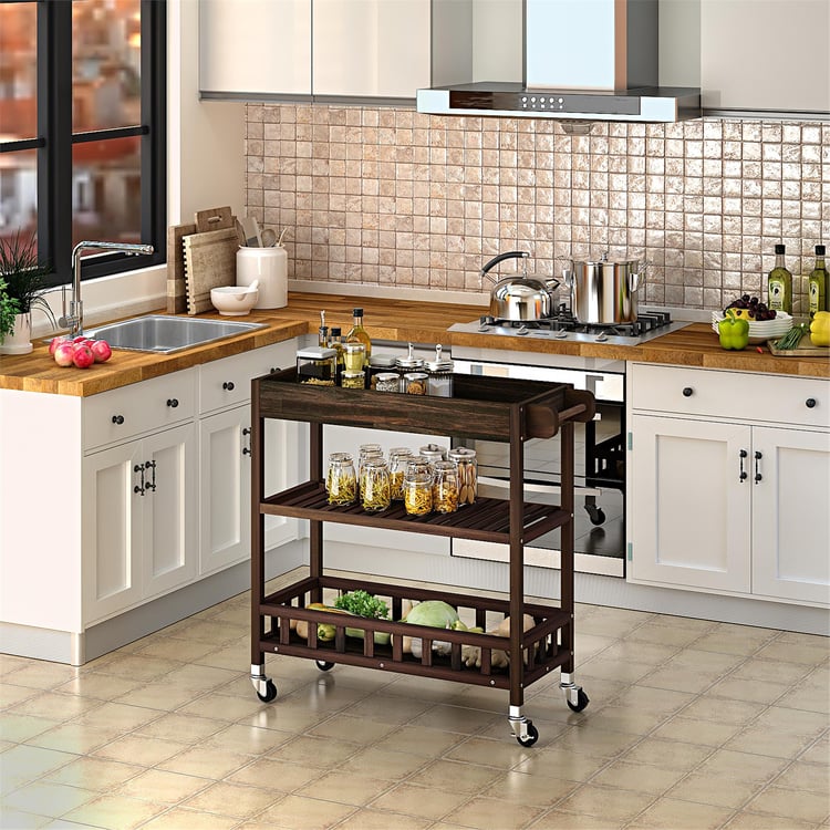 İnterbuild Masif Akasya Ahşap Holger Tepsili Servis Arabası (799x349x850 mm) Espresso - 675033