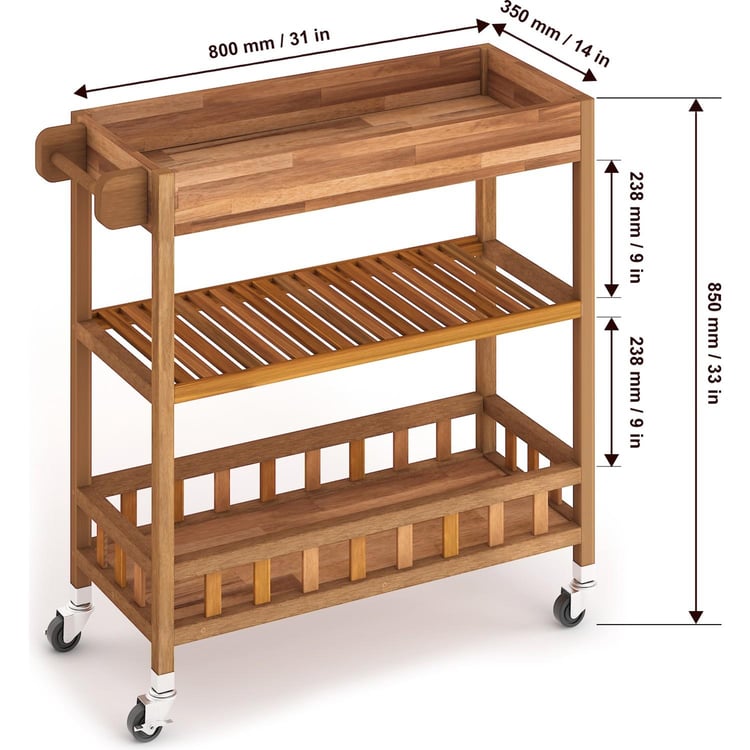 İnterbuild Masif Akasya Ahşap Holger Tepsili Servis Arabası (799x349x850 mm) Altın Tik - 675026