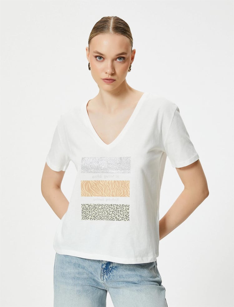 Koton 4Sak50103Ek 000 Beyaz Kadın Jersey Kısa Kollu T-Shirt