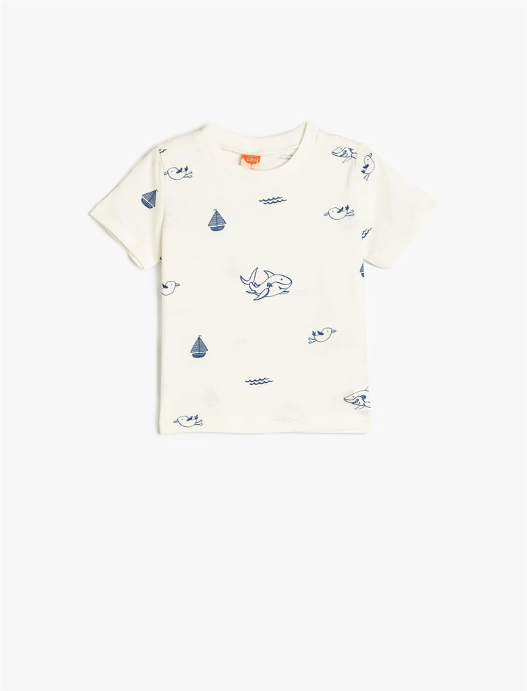 Koton 5Smb10049Tk 0D1 Ekru Desenlı Erkek Bebek Pamuk Jersey Kısa Kollu T-Shırt