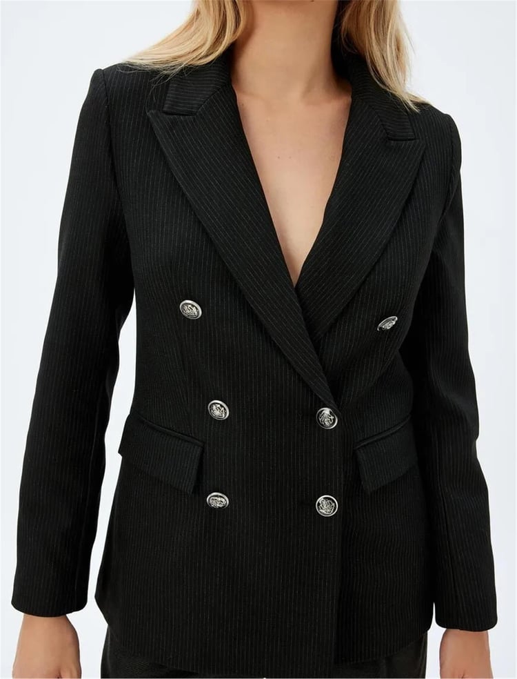 Koton 5Wak50102Uw 9S9 Sıyah Cızgılı Kadın Blazer Takım Elbıse