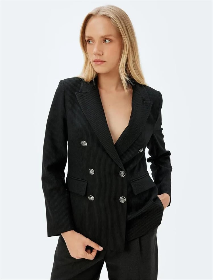 Koton 5Wak50102Uw 9S9 Sıyah Cızgılı Kadın Blazer Takım Elbıse