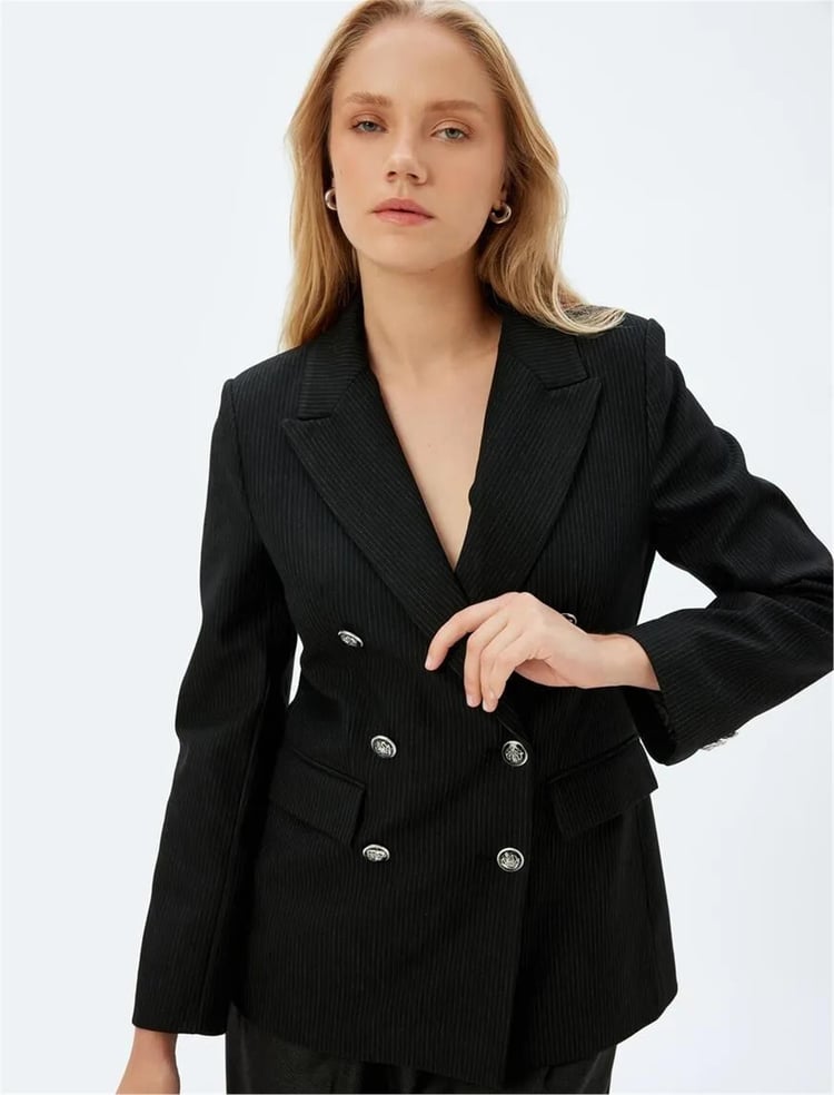 Koton 5Wak50102Uw 9S9 Sıyah Cızgılı Kadın Blazer Takım Elbıse