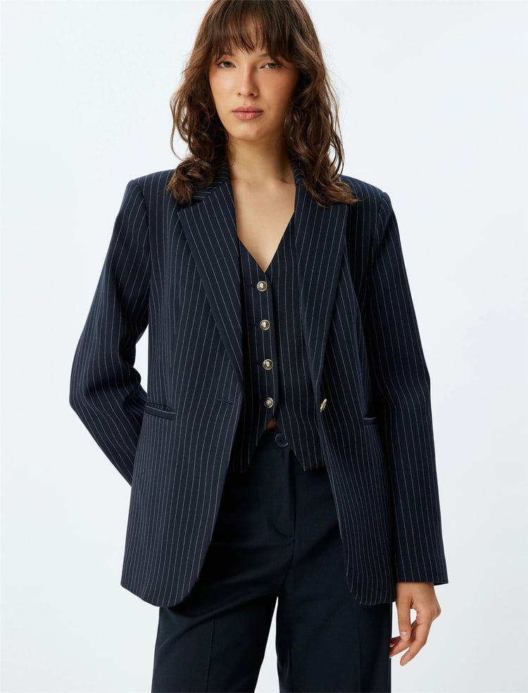 Koton 5Wak50114Uw 7S1 Lacıvert Cızgılı Kadın Blazer Takım Elbıse