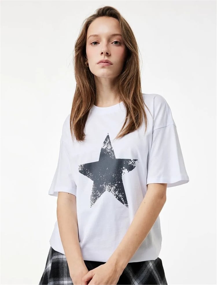 Koton Y26 6Sal10081Ik 010 Ekru Kadın Jersey Kısa Kol T-Shirt