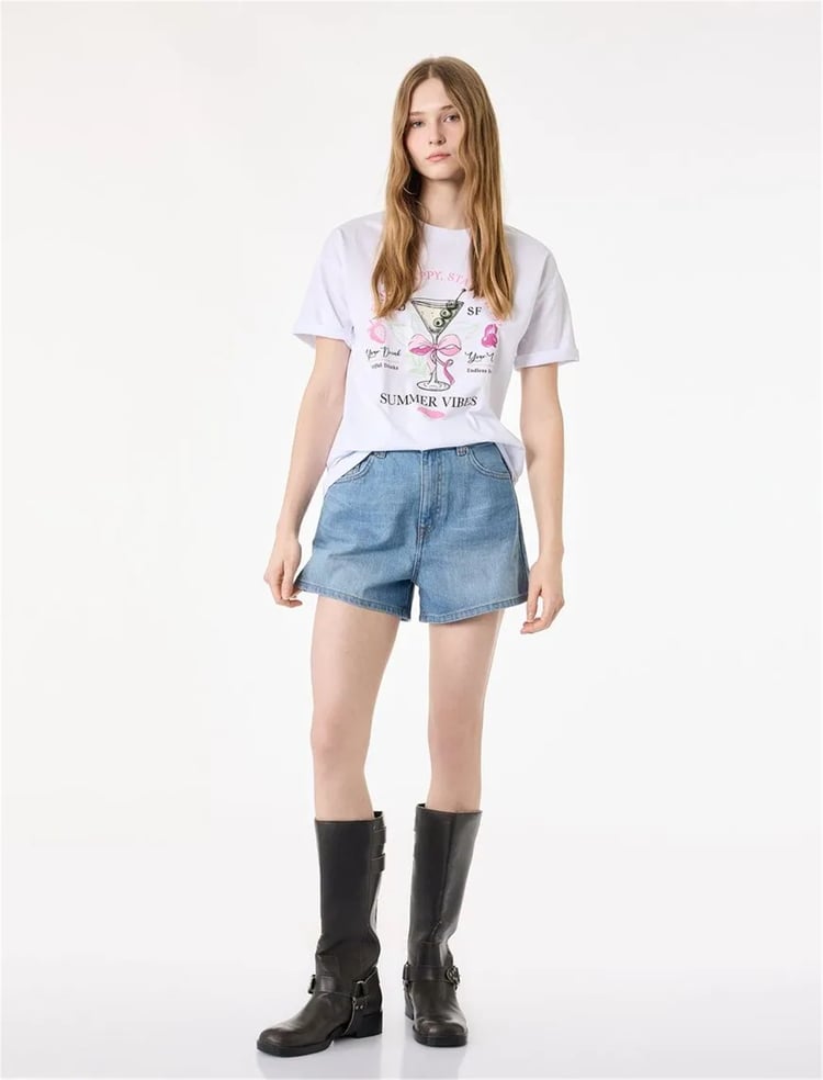 Koton Y26 6Sal10085Ik 010 Ekru Kadın Jersey Kısa Kol T-Shirt