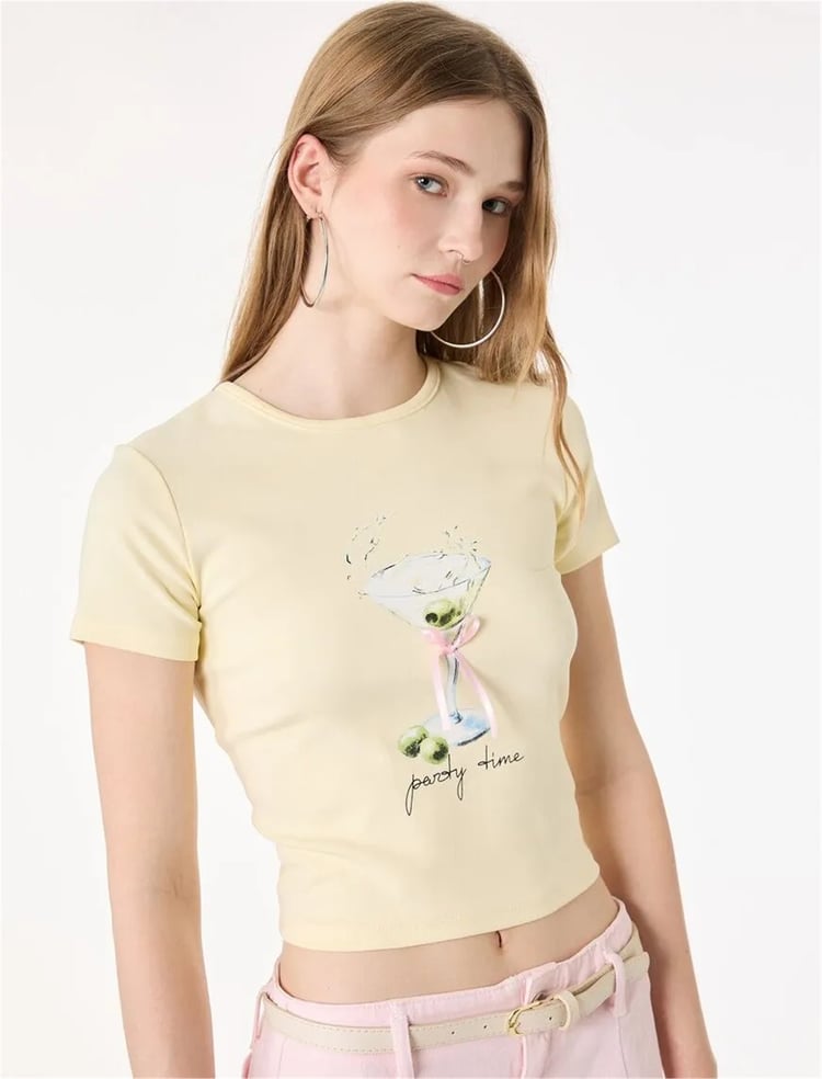 Koton Y26 6Sal10103Ik 153 Sarı Kadın Jersey Kısa Kol T-Shirt