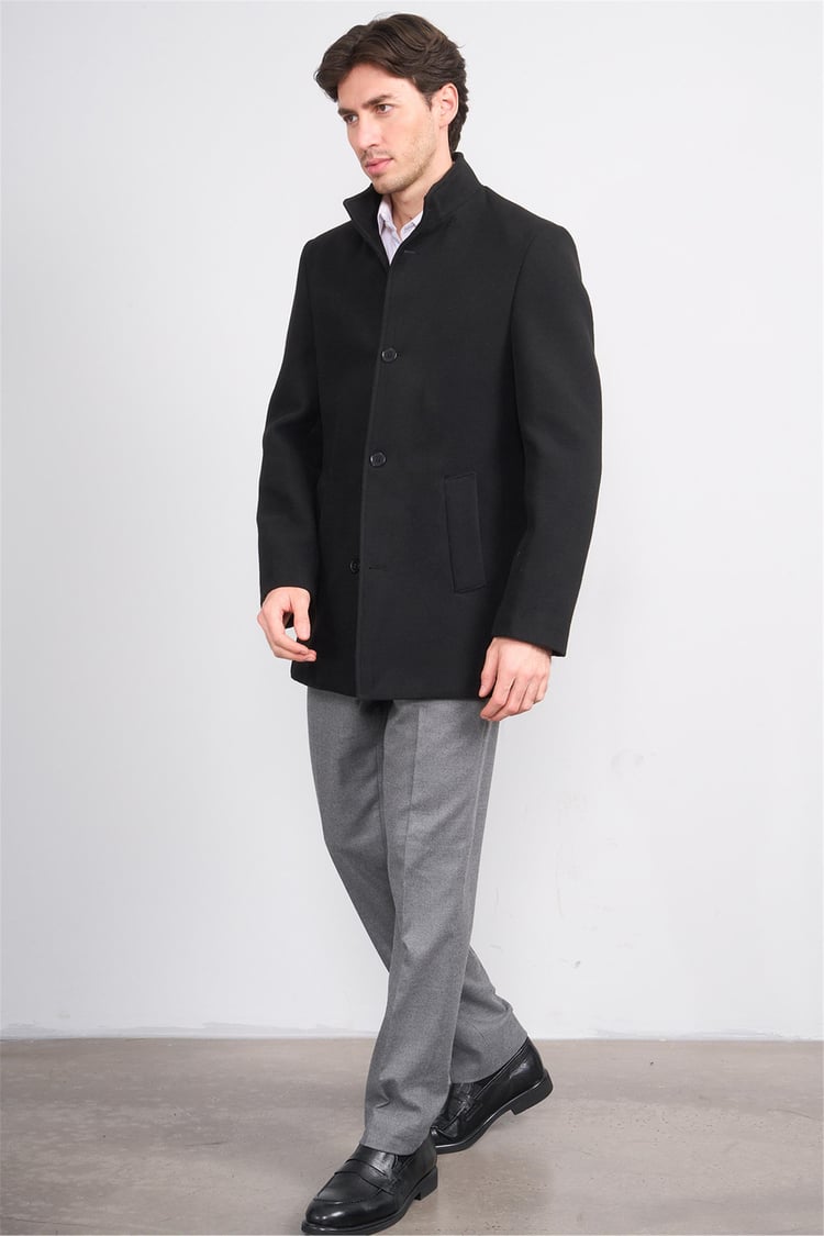 Kurpa 070 Siyah Erkek Kurpa Dik Yaka Kaşe Kaban