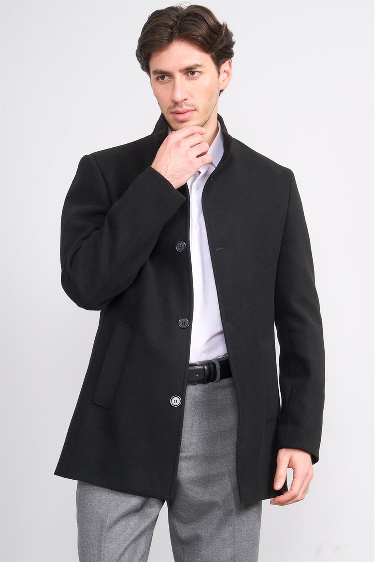 Kurpa 070 Siyah Erkek Kurpa Dik Yaka Kaşe Kaban