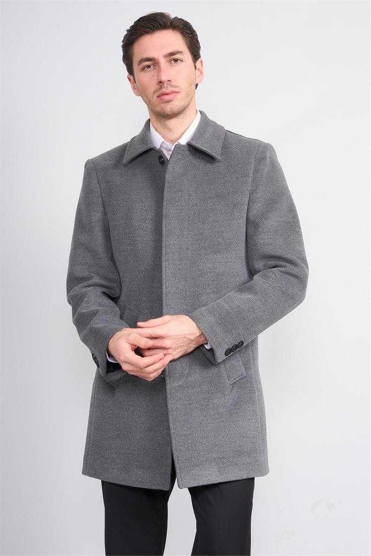 Kurpa 713 Açık Gri Erkek Yakalı Düğmeli Kaşe Kaban