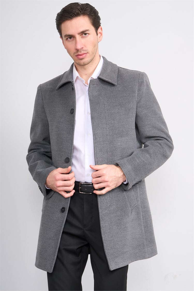 Kurpa 713 Açık Gri Erkek Yakalı Düğmeli Kaşe Kaban