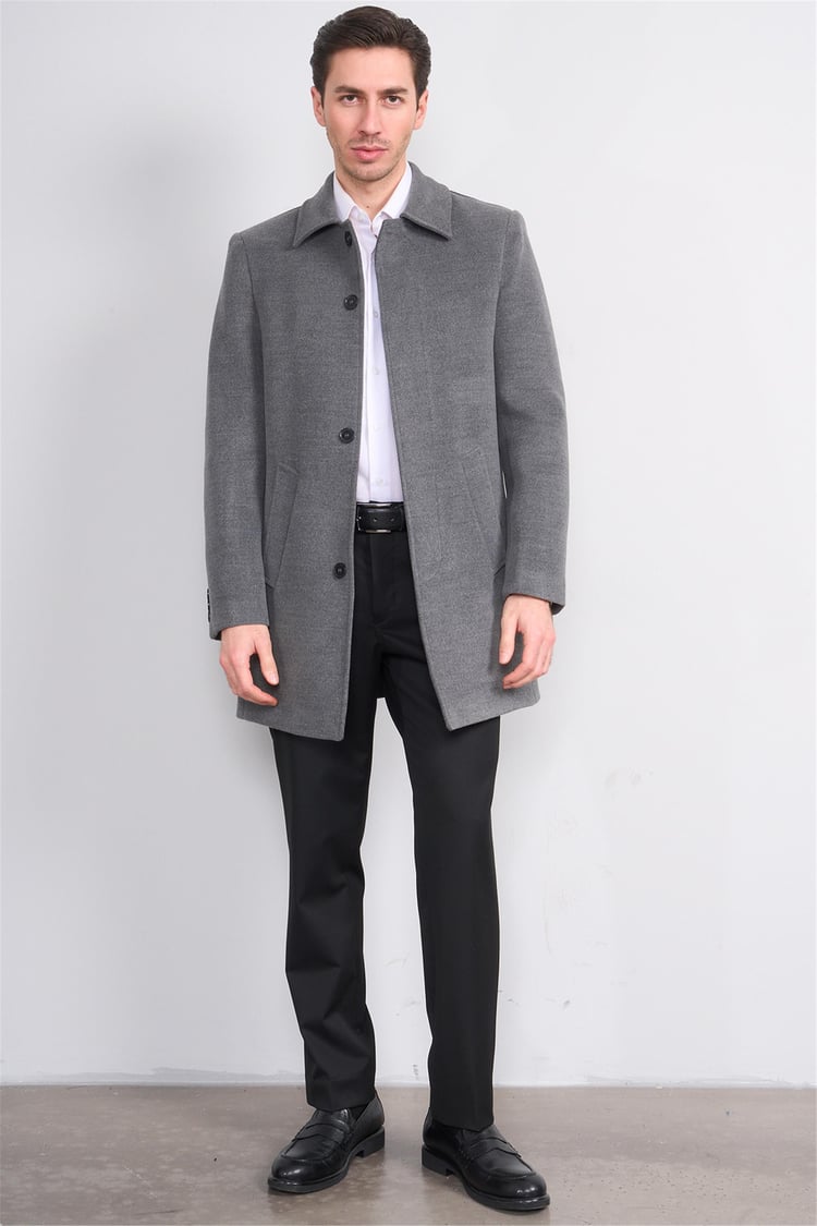 Kurpa 713 Açık Gri Erkek Yakalı Düğmeli Kaşe Kaban