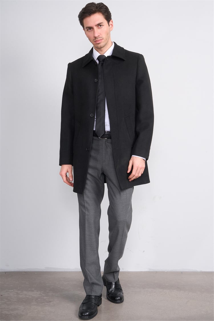 Kurpa 713 Siyah Erkek Yakalı Düğmeli Kaşe Kaban