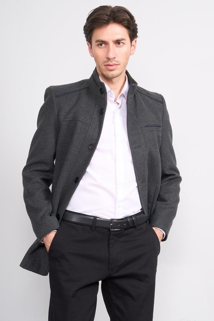 Kurpa 7851 A.Grı Erkek Dık Yaka Dugmelı Gömlek Cep Kase Kaban