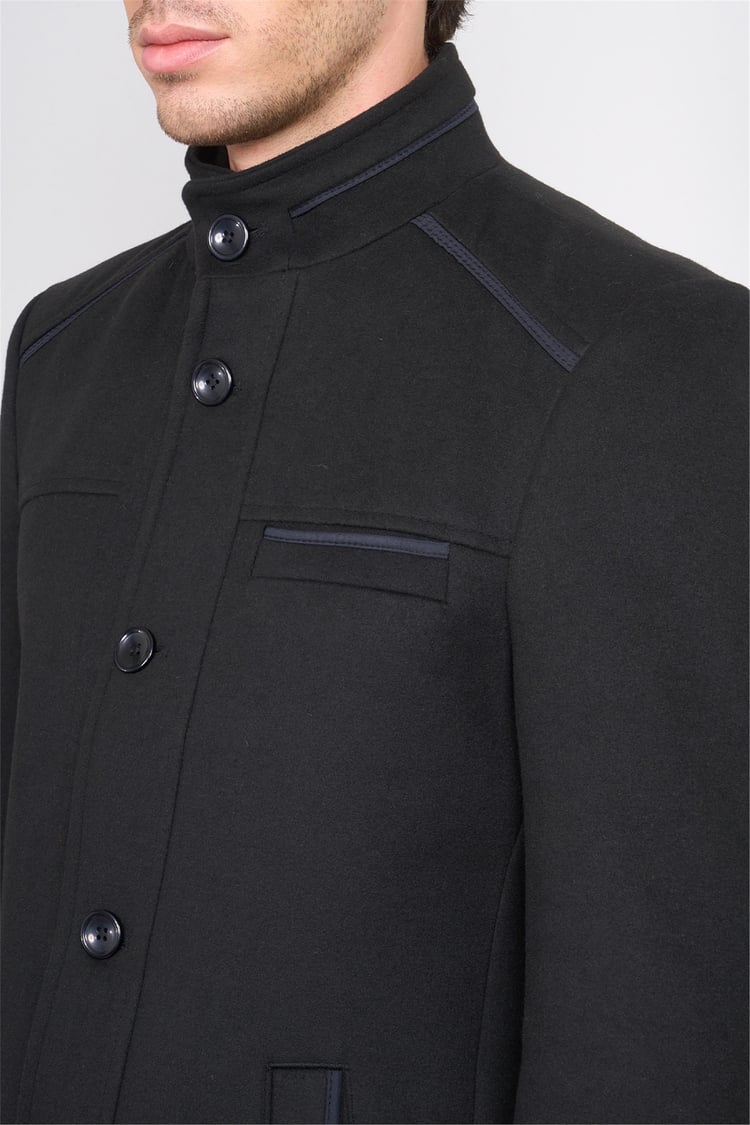 Kurpa 7851 Siyah Erkek Kurpa Dik Yaka Düğmeli Gömlek Cep Kaşe Kaban