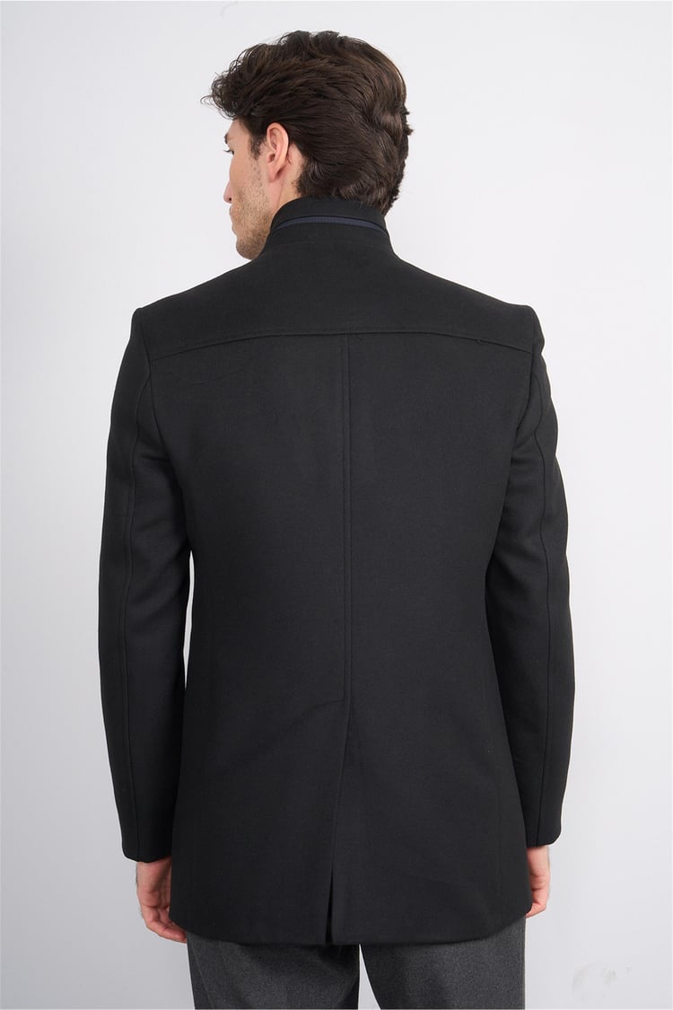 Kurpa 7851 Siyah Erkek Kurpa Dik Yaka Düğmeli Gömlek Cep Kaşe Kaban
