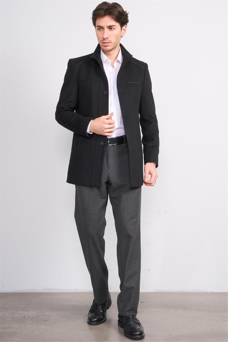 Kurpa 7851 Siyah Erkek Kurpa Dik Yaka Düğmeli Gömlek Cep Kaşe Kaban