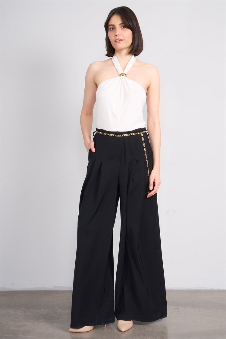 Lefon 031641 Siyah Pervazlı Çift Pile Pantolon 36-42