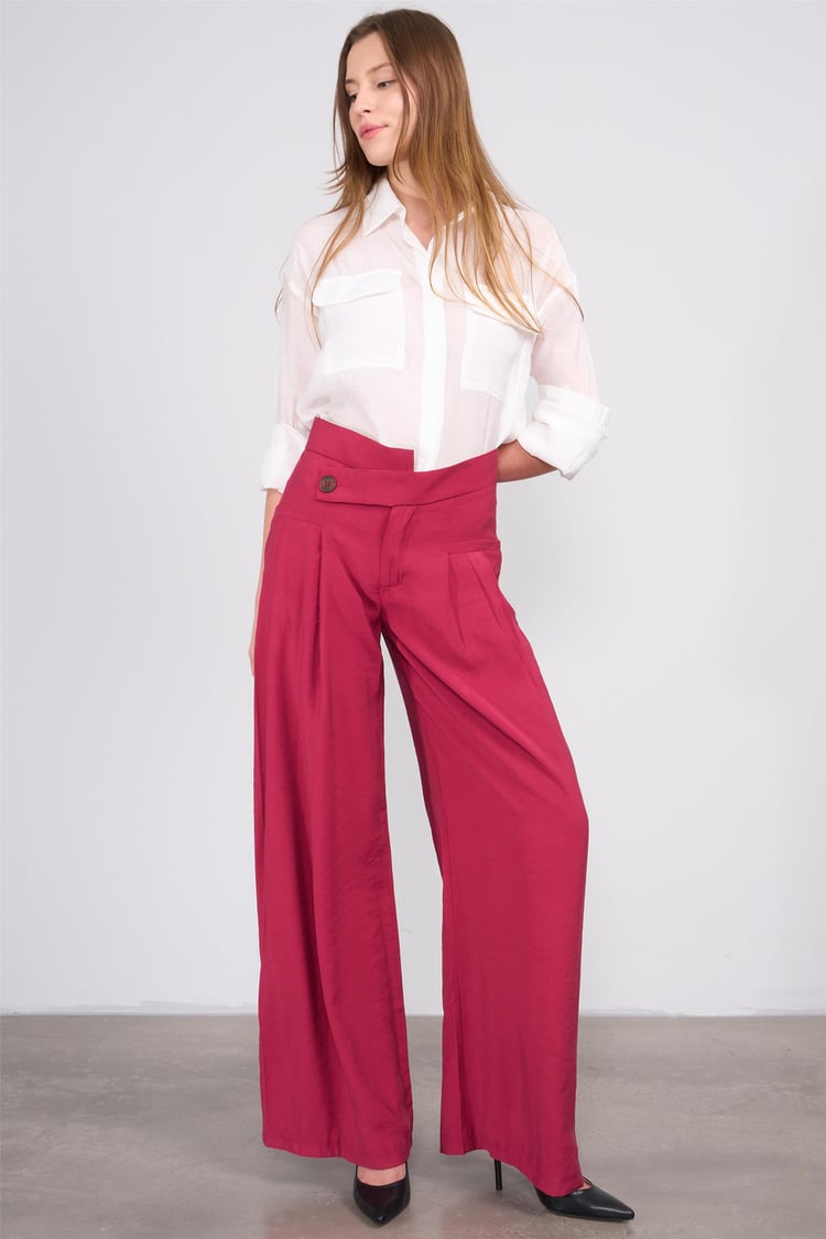 Lefon Y25 031426 Bordo Kadın Carpraz Kemerlı Pantolon