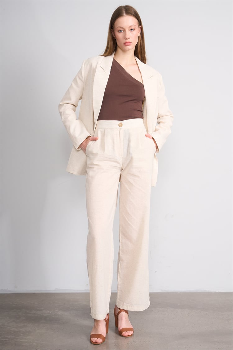 Lefon Y26 031632-K Naturel Kadın Duz Paca Keten Pantolon