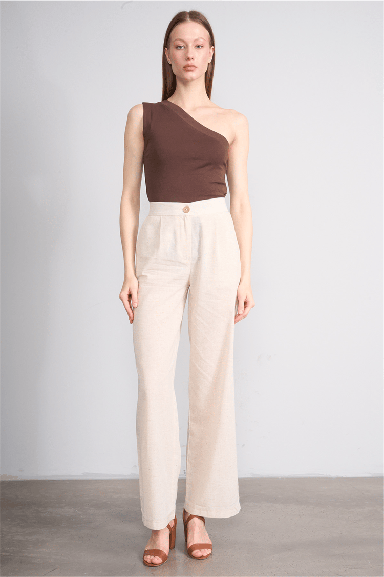 Lefon Y26 031632-K Naturel Kadın Duz Paca Keten Pantolon