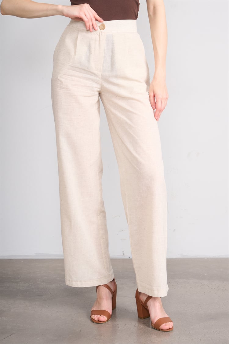 Lefon Y26 031632-K Naturel Kadın Duz Paca Keten Pantolon