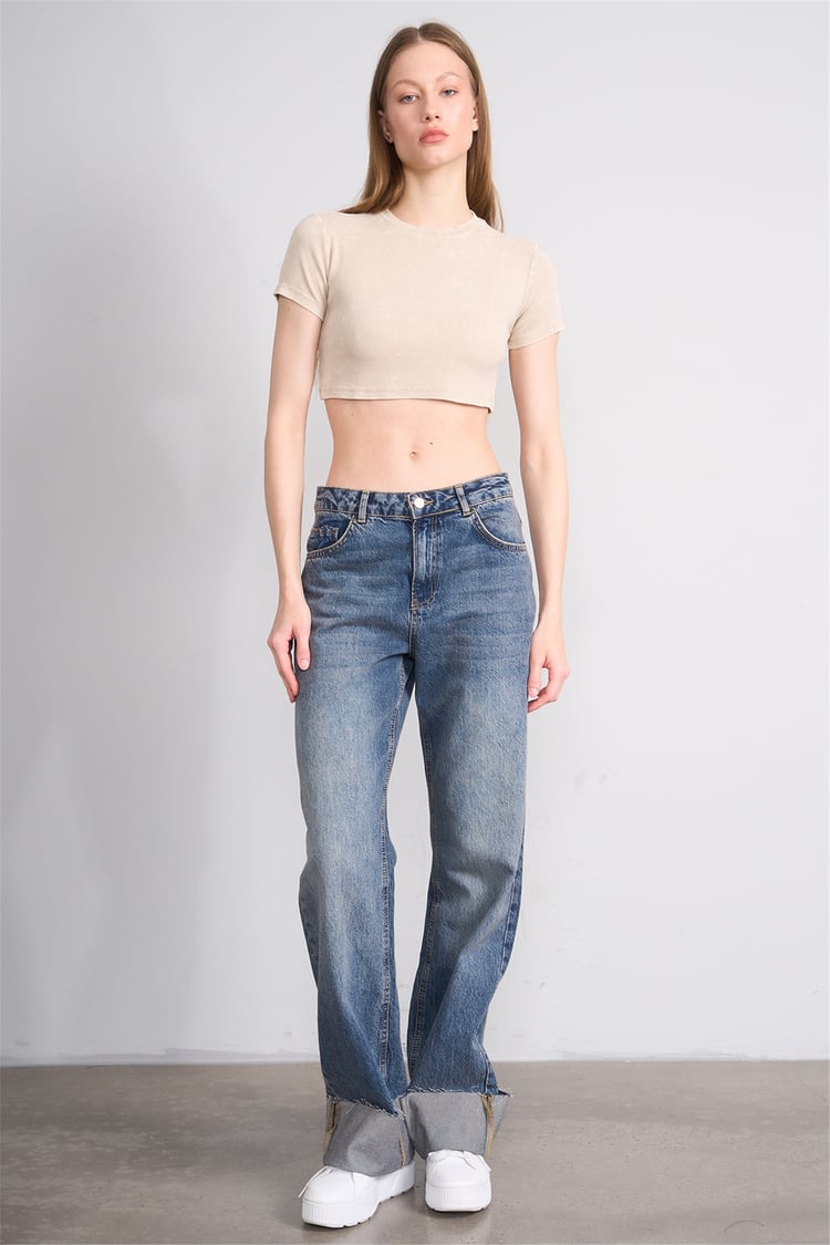 Lefon Y26 050503-K Bej Kadın Yıkamalı Orme Kaşkorse Crop