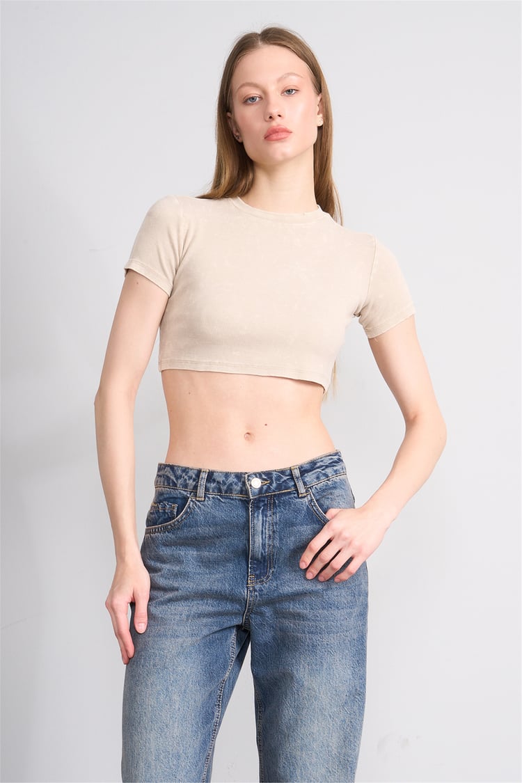 Lefon Y26 050503-K Bej Kadın Yıkamalı Orme Kaşkorse Crop
