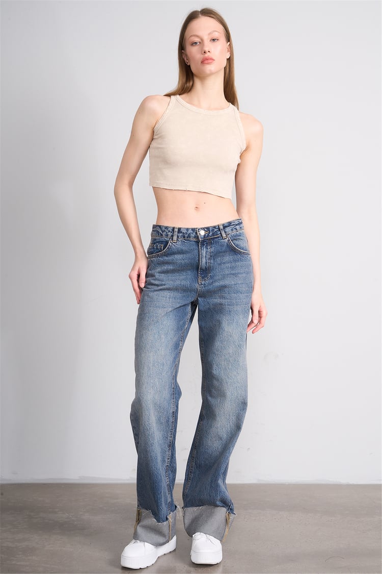 Lefon Y26 060168-K Bej Kadın Bisiklet Yaka Kolsuz Orme Kaşkorse Crop T-Shirt