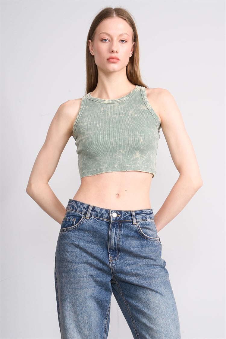 Lefon Y26 060168-K Haki Kadın Bisiklet Yaka Kolsuz Orme Kaşkorse Crop T-Shirt