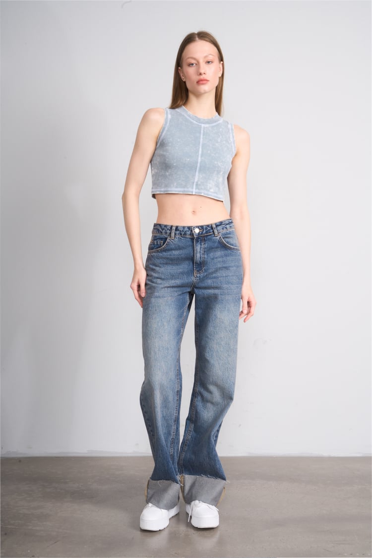 Lefon Y26 060174-K Bebe Mavi Kadın Karyoka Dikiş Detaylı Orme Kaşkorse Crop