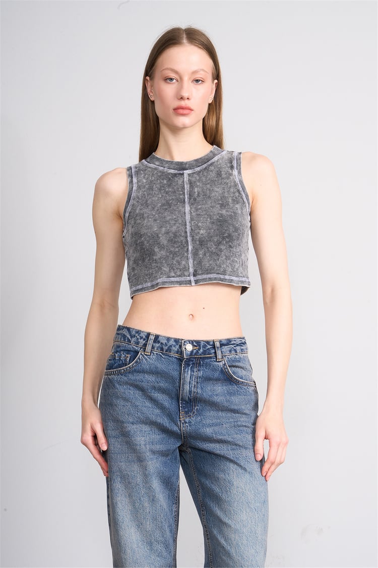 Lefon Y26 060174-K Gri Kadın Karyoka Dikiş Detaylı Orme Kaşkorse Crop