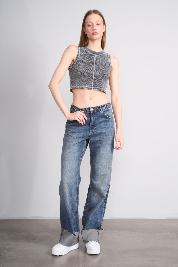 Lefon Y26 060174-K Gri Kadın Karyoka Dikiş Detaylı Orme Kaşkorse Crop