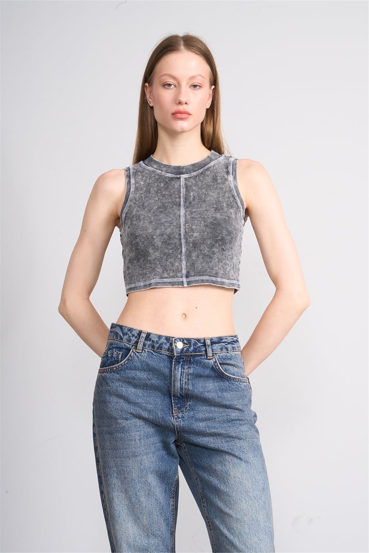 Lefon Y26 060174-K Gri Kadın Karyoka Dikiş Detaylı Orme Kaşkorse Crop