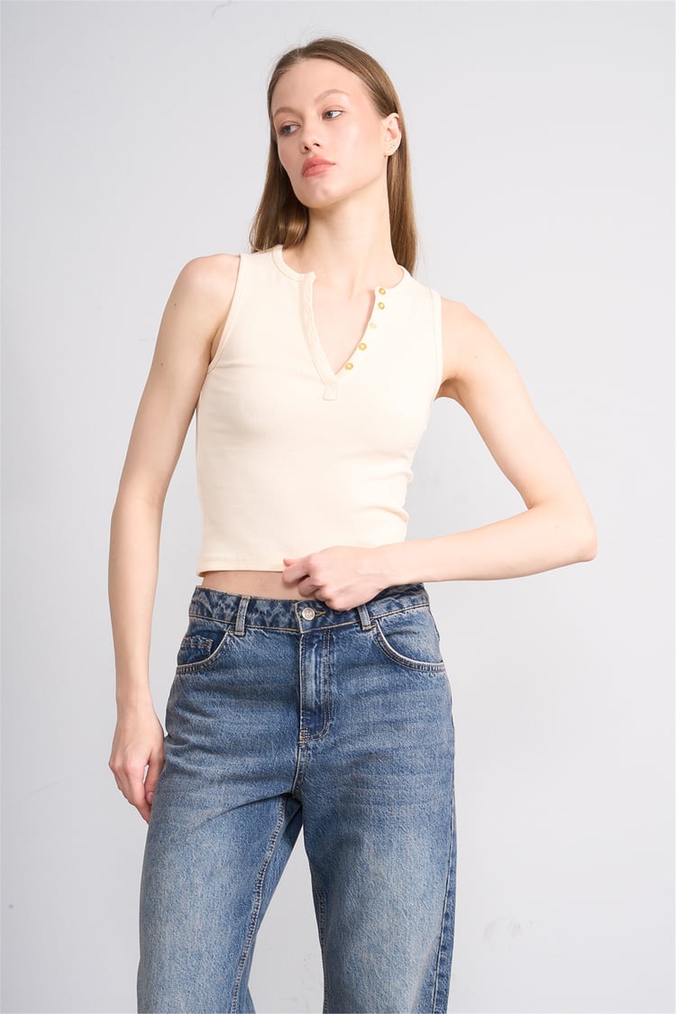 Lefon Y26 071686-K Krem Kadın Acık Dugmelı Yaka Kolsuz Kaşkorse T-Shirt